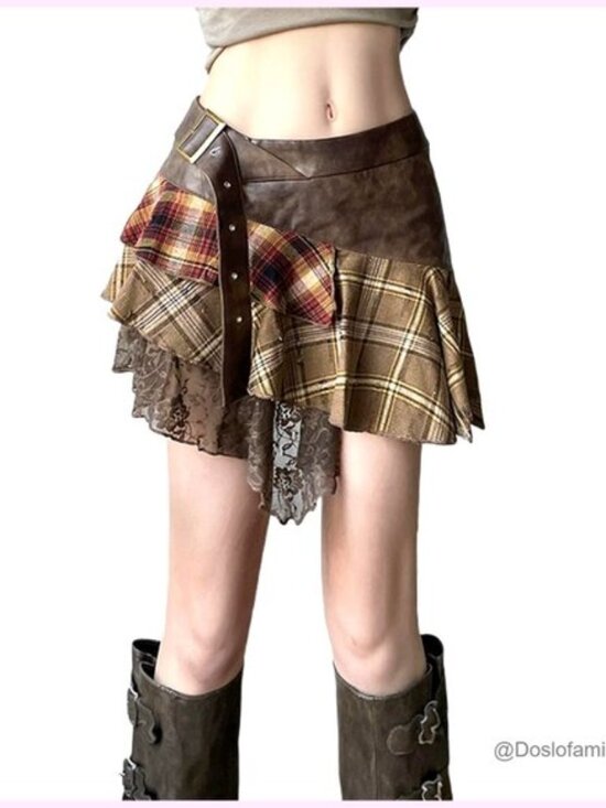 Dresses & Skirts - Plaid Mini Skirt Asymmetrical Flare Punk Grunge Vintage Y2K Style
